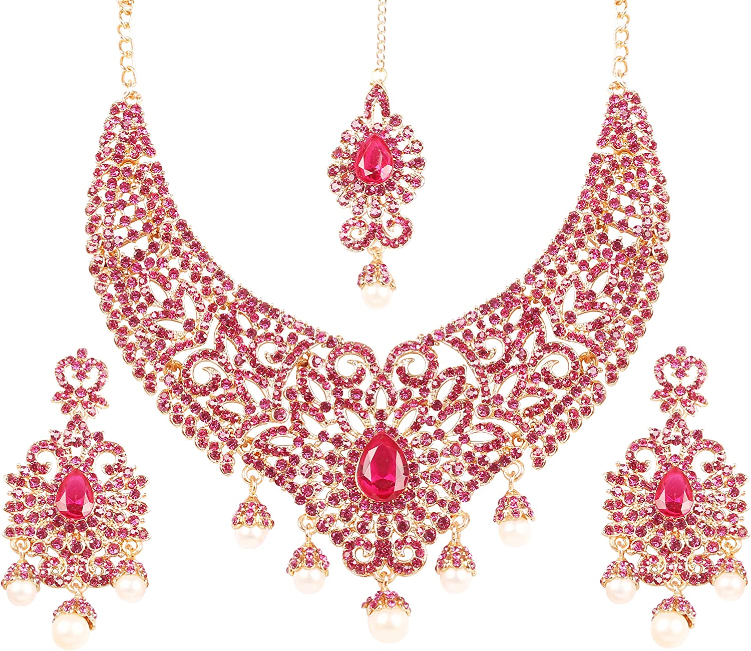 230816065235675_1 Touchstone Indian Bollywood Gorgeous intricate Workmanship Sparkling White Colorful Rhinestone crystal wedding Designer Jewelry Necklace Set In Gold or Silver Tone For Women. - Image 1
